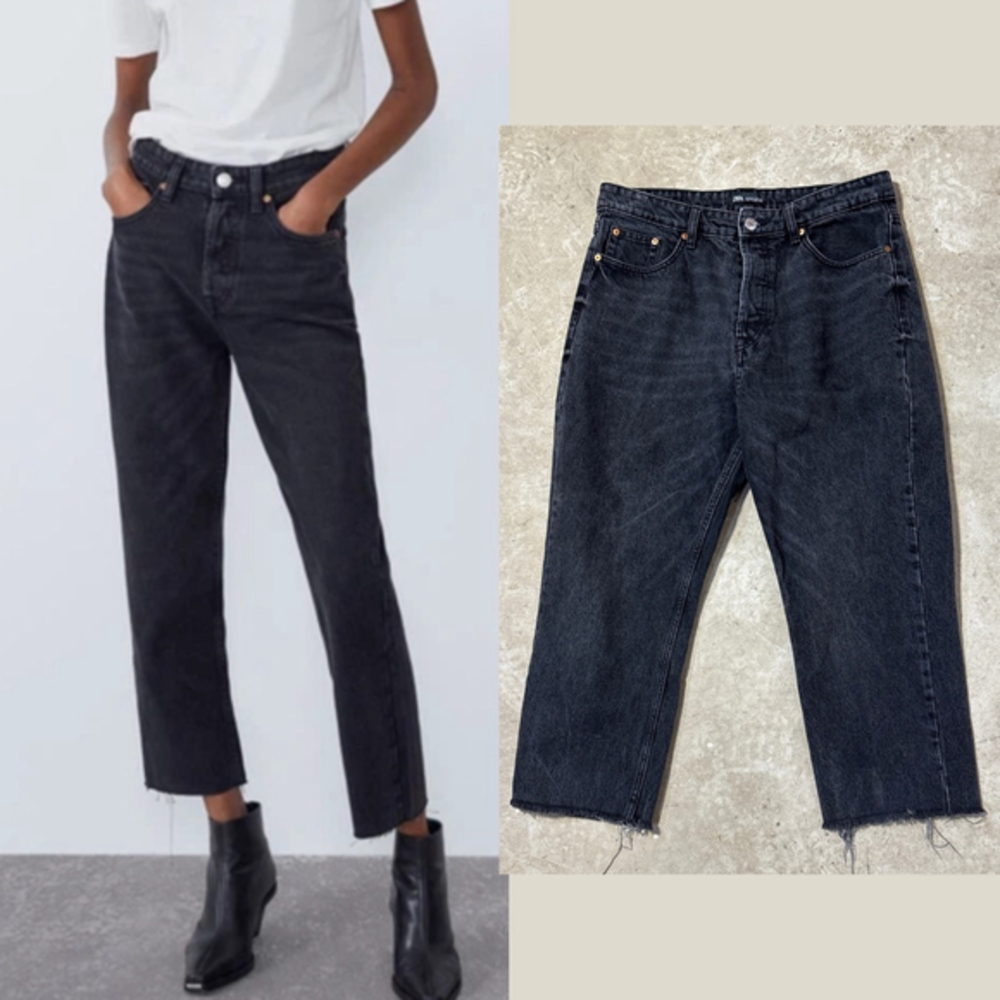 Zara Black Jeans Women’s Size 12 High Rise Straight Raw Hem Button Fly Cropped